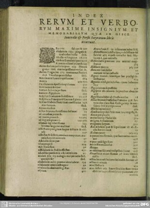 Index Rerum Et Verborum Maxime Insignium Et Memorabilium Quae In Hisce Juvenalis & Persii Satyrarum libris occurrunt