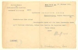 Brief von Direktor des Zoologischen Gartens m.e.U. an Heinrich Zille betr. Begleitung seiner Familie