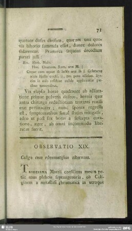 Observatio XIX. Caligo cum rheumatismo alternans