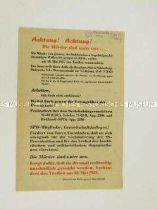 Propagandaflugblatt der Sozialistischen Einheitspartei Deutschlands mit einem Aufurf für die Verhinderung des Treffens der "Hilfsgemeinschaft auf Gegenseitigkeit der Angehörigen der ehemaligen Waffen-SS" in Westberlin