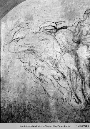 Wandzeichnungen an der Ostwand: männliche Figur, stehende weibliche Figur, weiblicher Kopf im Profil, Beine im Profil : Männliche Figuren
