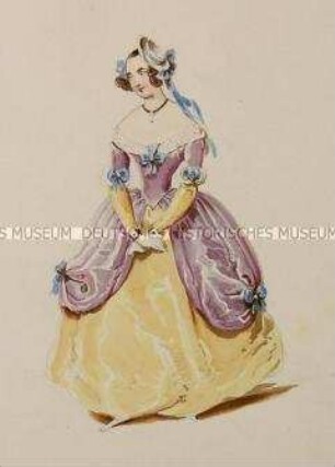 Frau im gelben Reifrock und violetten Oberteil - Tafel aus Franceschini/Kostümbilder (Kassette 2)