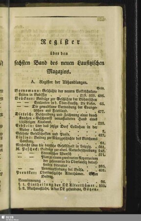 Register über den sechsten Band des neuen Lausitzischen Magazins