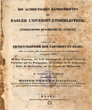 Die altdeutschen Handschriften der Basler Universitätsbibliothek : Verzeichnis, Beschreibung, Auszüge