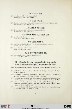 B. Gerahmte und ungerahmte Aquarelle und Handzeichnungen, Kupferstiche usw. (Nr. 230-335)