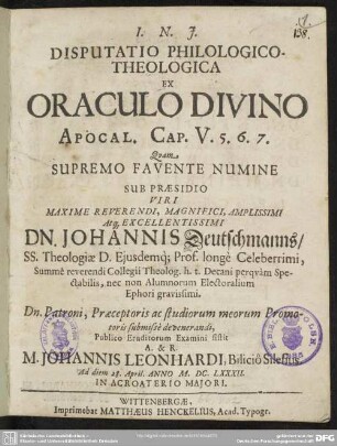 Disputatio philologico-theologica ex oraculo divino Apocal. Cap. V. 5. 6. 7.