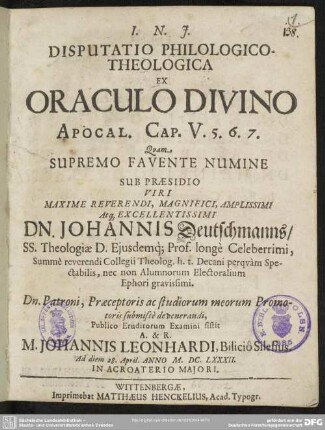 Disputatio philologico-theologica ex oraculo divino Apocal. Cap. V. 5. 6. 7.
