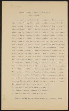 Franz Grillparzer: Entwurf einer Widmung der Sappho an Schreyvogel
