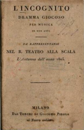 L' incognito : Dramma giocoso per musica in due atti