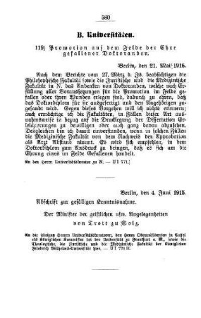 Promotion auf dem Felde der Ehre gefallener Doktoranden : [B. Universitäten]