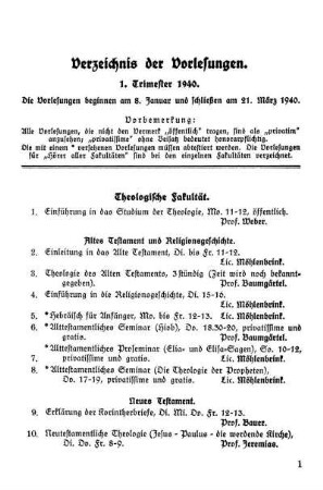 Verzeichnis der Vorlesungen. 1. Trimester 1940.