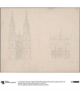 Peterhof. Entwurf für die Alexander-Newski-Kapelle. Aufriss der Westfassade und Querschnitt