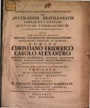 Diss. inaug. iur. publ. de austraegis privilegiatis Liberae S.R.I. Civitatis Augustae Vindelicorum