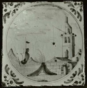 Ofenkachel: Schiff mit Leuchtturm und Feuerkorb