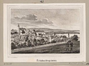 Ortsansicht von Reinhardtsgrimma (Glashütte) von Südosten mit der Kirche links und dem Schlossturm rechts, aus Sachsens Kirchen-Galerie von Hermann Schmidt, 2. Ansicht