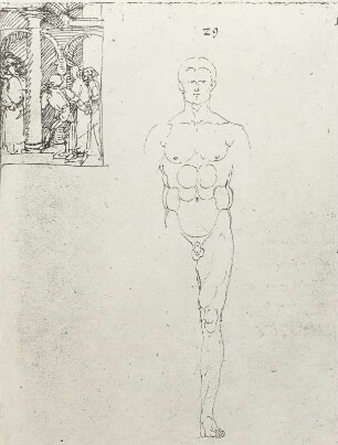 Mann ohne Arme und rechtes Bein von vorn, links oben Christus vor Pilatus : Dresdner Skizzenbuch (1507/1528). Mann ohne Arme und rechtes Bein von vorn, links oben Christus vor Pilatus (aus: R. Bruck: Das Skizzenbuch von Albrecht Dürer, Straßburg 1905, Tafel 49, Blatt 125r, Str. 34, Kriegsverlust). Dresden: SLUB Mscr.Dresd.R.147.f
