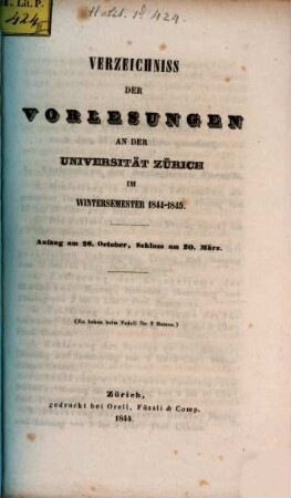 Verzeichnis der Vorlesungen, Behörden, Dozenten und Institute. 1844/45. WS