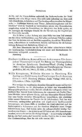 Eichhorn, Herbert :: Konrad Ernst Ackermann, ein deutscher Theaterprinzipal, ein Beitrag zur Theatergeschichte im deutschen Sprachraum, (Die Schaubühne, Quellen und Forschungen zur Theatergeschichte, 64) : Emsdetten/Westfalen, Lechte, 1965