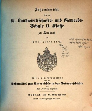 Jahresbericht über die Königliche Landwirthschafts- und Gewerbschule zu Ansbach. 1847/48