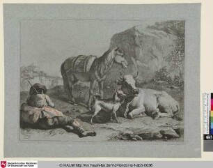 [Der Hirt mit dem Sacke auf dem Rücken, im Mittelgrunde nach rechts ein Pferd, ein Hund und eine Kuh]