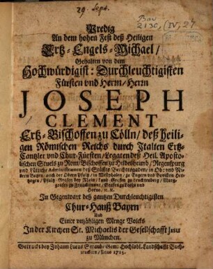 Predig An dem hohen Fest deß Heiligen Ertz-Engels-Michael