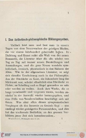 I. Das ästhetisch-philosophische Bildungssystem