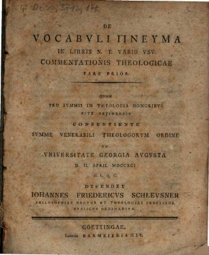 De vocabuli Pneuma in libris N. T. vario usu commentationis theologicae Pars prior