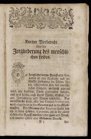 Kurtzer Vorbericht über die Zergliederung des menschlichen Leibes.