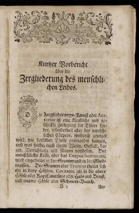Kurtzer Vorbericht über die Zergliederung des menschlichen Leibes.