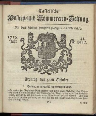41. Stueck, Montag den 9ten October 1758