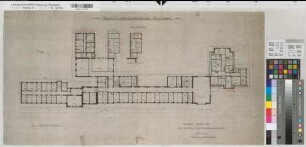 Arnsberg (Arnsberg) Regierungsgebäude Grundriß 2. Obergeschoß 1946 1 : 200 41 x 82 Pause mit Einzeichnungen Staatshochbauamt Bem.: Eintragung der Räume der Abteilungen