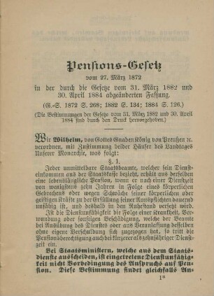 Pensions-Gesetz vom 27. März 1872 ...