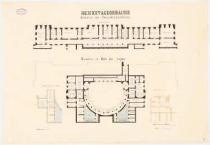 Reichstag, Berlin Zweiter Wettbewerb: Grundriss Zwischengeschoss und Grundriss in Höhe der Logen 1:200
