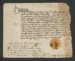 UB Gießen, Hs NF 695 - Fragment einer Urkunde eines Henricus Reitzmann custos et canonicus ecclesiae Aschaffenburgensis. - UB Gießen, Hs NF 695