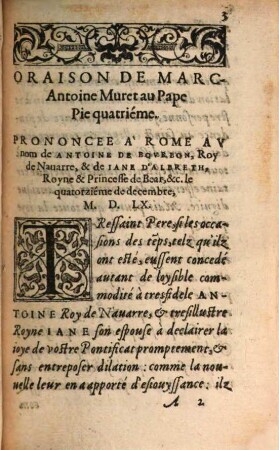 Oraison Povr Antoine Et Iane, Roy, et Royne de Nauarre, au Pape Pie Quatriesme