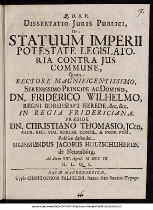 Dissertatio Juris Publici, De Statuum Imperii Potestate Legislatoria Contra Jus Commune
