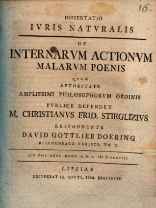 Dissertatio Ivris Natvralis De Internarvm Actionvm Malarvm Poenis