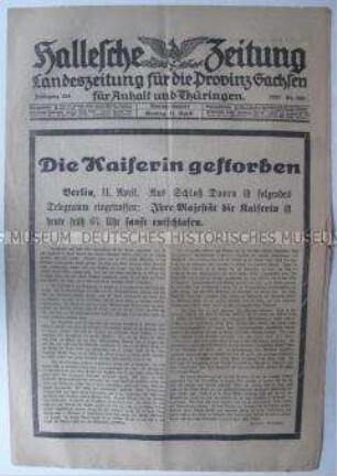 Regionale Tageszeitung "Hallesche Zeitung" zum Tod der Ex-Kaiserin