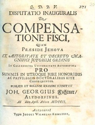Disputatio Inauguralis De Compensatione Fisci