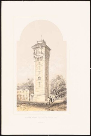 Engine house and water tower No.1: Perspektivische Ansicht (aus: Designs for Tall Chimney Shafts, 1858)