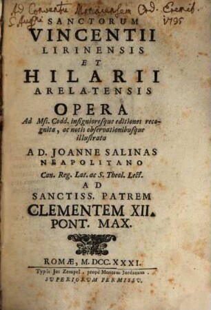 Sanctorum Vincentii Lirinensis et Hilarii Arelatensis opera