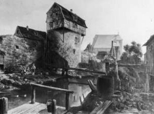 Halle (Saale), Reste der Hallmauer mit Körberpforte und sog. Kaffemühle, im Hintergrund die Moritzkirche; Hermann Schenck