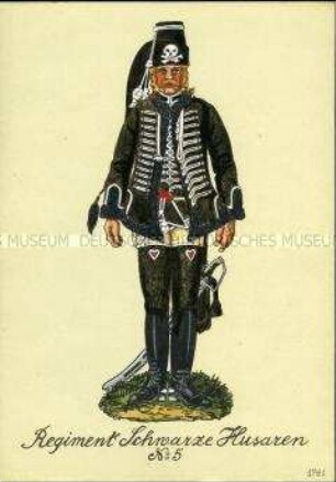 Uniformdarstellung, Gemeiner des Husaren-Regiments (von Mackerodt) H 5, Preußen, 1741.