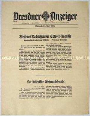 Nachrichtenblatt "Dresdner Anzeiger" mit Meldungen aus den Hauptquartieren der Achsenmächte, u.a. zum Beschuss einer Munitionsfabrik in Leningrad