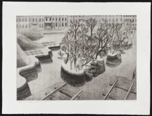 Radierung des Künstlers Erhard Groß, Titel: Vegetationsinseln, Görlitzer Bahnhof, Ed. 1/30, 1989