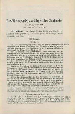 Ausführungsgesetz zum Bürgerlichen Gesetzbuche. Vom 20. September 1899.