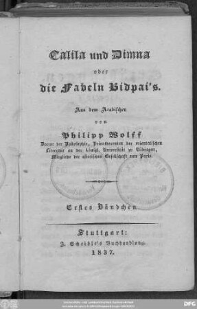 Bdch. 1: Calila und Dimna oder die Fabeln Bidpai's