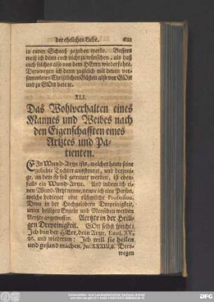 XLI. Das Wohlverhalten eines Mannes und Weibes nach den Eigenschafften eines Artztes und Patienten.