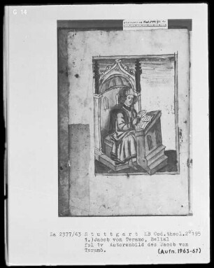 Jacob von Teramo, Belial und Johannes von Mandeville, Reise nach Jerusalem — Jacob von Teramo, Belial — Autorenbild des Jakob von Teramo, Folio 1verso
