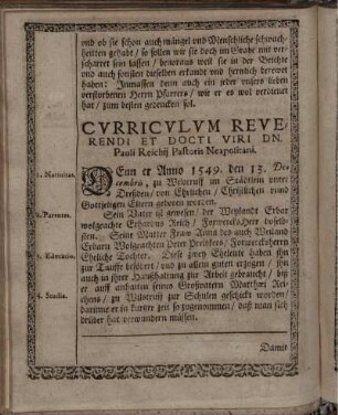 Curriculum Reverendi Et Docti Viri Dn. Pauli Reichii Pastoris Neapolitani